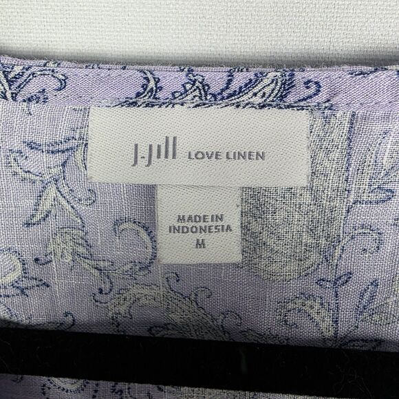 J. Jill Love Linen Purple Paisley Boho Popover Blouse Border Print Boxy Sz Med - Picture 4 of 7